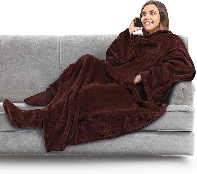 PAVILIA Fleece Blanket with Sleeves, Foot Pockets for Women Men Adults, Plush Wearable Blanket Throw Wrap, Warm Snuggle Blanket Robe, Cozy Gift Ideas Wife Mom, Brown