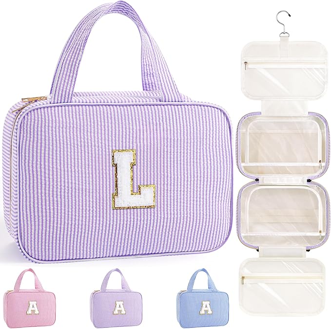 TOPEAST Travel Hanging Toiletry Bag, Personalized Initial Toiletry Pouch, Birthday Gifts for Women Mom Daughter Sister Friends, Cruise Essentials, Purple L