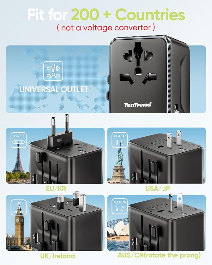 TenTrend Universal Travel Adapter, 45W International Power Adapter with 4 USB-C & 1 USB-A Ports, European Travel Plug Adapter, Worldwide Travel Essentials for EU UK AUS USA