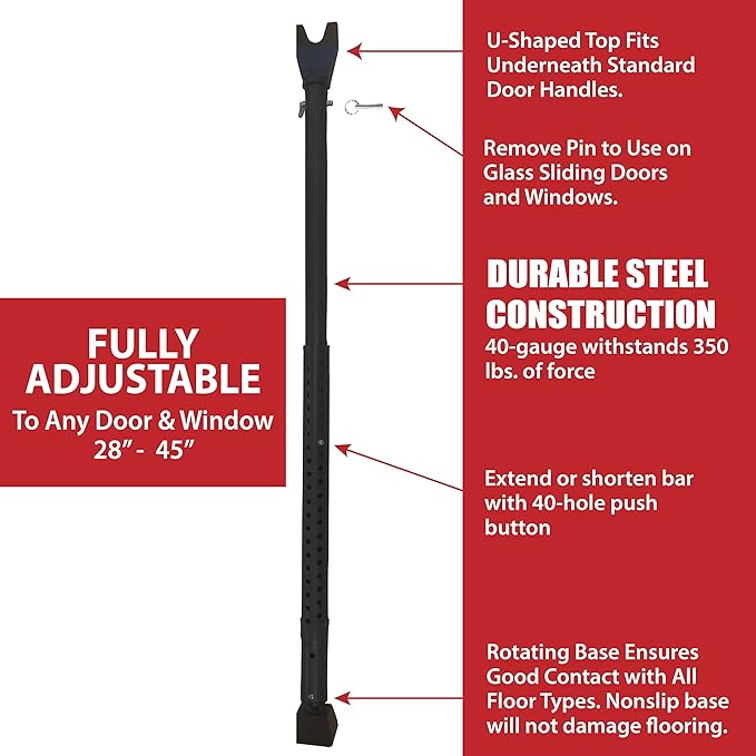 Dual Security Bar, 1-Set Adjustable-Length Portable Strong Door Bar for Hinged and Sliding Patio Doors and Windows, Home Travel Security, Extends 28 in. to 45 in., Black