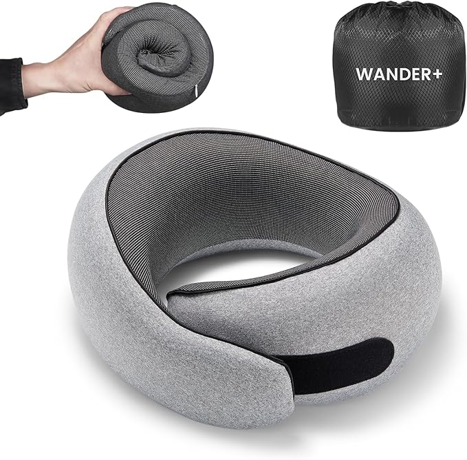 WANDER PLUS® Travel Pillow, 100% Pure Memory Foam Travel Neck Pillow Airplane Neck Support Ergonomic Design Best for Sleeping Plane Car Train Office Flight for Adults Ash Gray