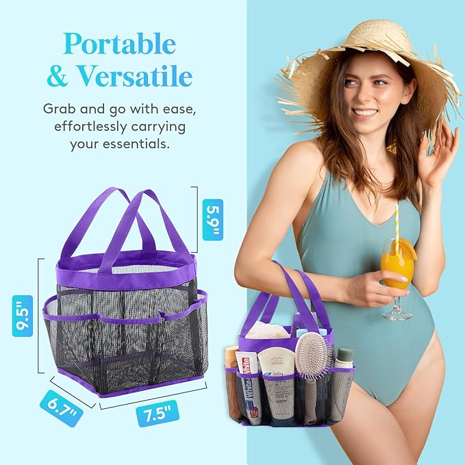 Lifewit Mesh Shower Caddy Portable for College Dorm Room Essentials with 7 Pockets, Freestanding Hanging Organizer Basket, Quick Dry Tote Bag for Camping, Bathroom, Beach, Travel, 1 Pack, Purple