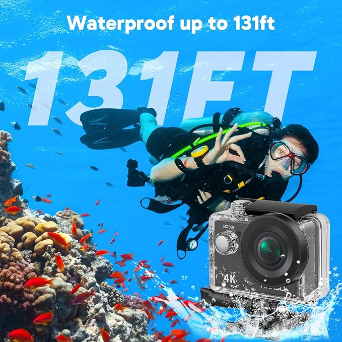 AKASO EK7000 4K30FPS 20MP WiFi Action Camera with 64GB MicroSD Memory Card Bundle EIS Ultra HD 131FT Waterproof Underwater Camera Remote Control 4X Zoom Support External Microphone Black