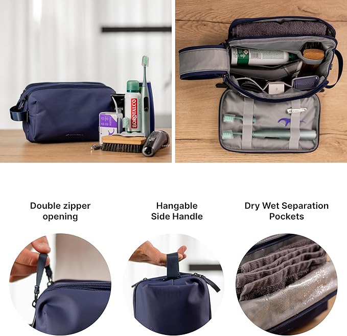 Carrywell (Not Made In China) Toiletry Bag For Men, Shaving Kit, Travel Organizer Dopp Kit, Interior Compartments and Pockets For Toiletries and Accessories, Blue