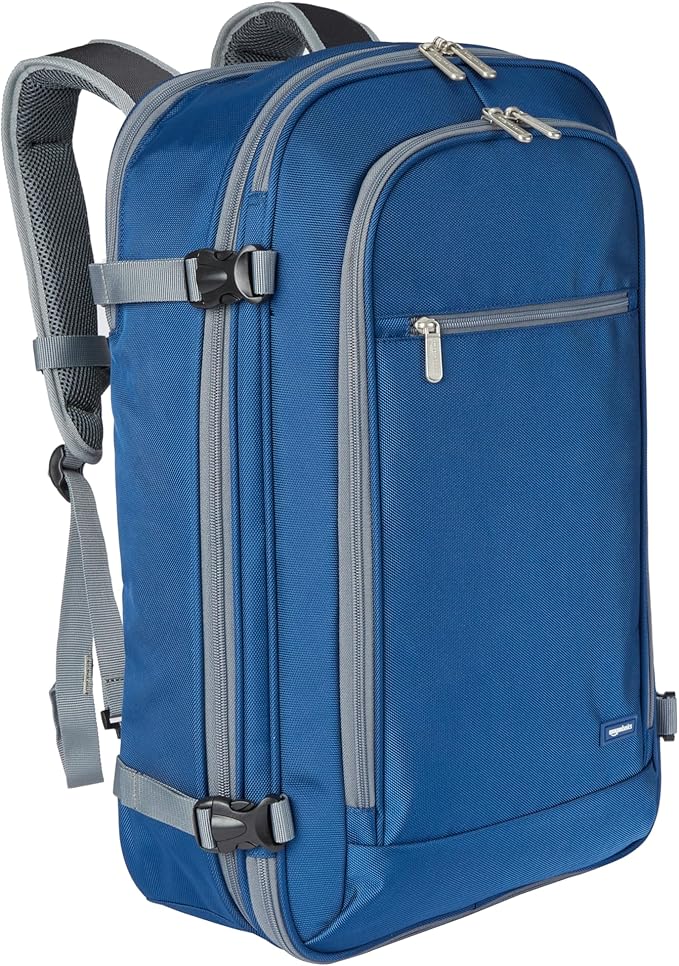 Amazon Basics Travel Backpack, Carry-On with Laptop Compartment, 40L Expandable Storage, Dual Use Backpack & Shoulder Bag with Multiple Compartments and Pockets, 15.8"W x 21.5"H x 8.3"D, Navy