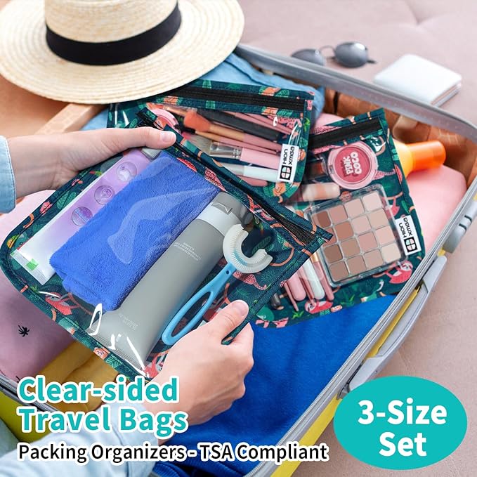 HIONXMGA TSA Approved Toiletry Bag, Set of 3 Clear Travel Toiletry Bag Quart Size Zipper Travel Pouch, Waterproof Makeup Cosmetic Bag for Women Men Kids Toiletries Carry on, Jungle