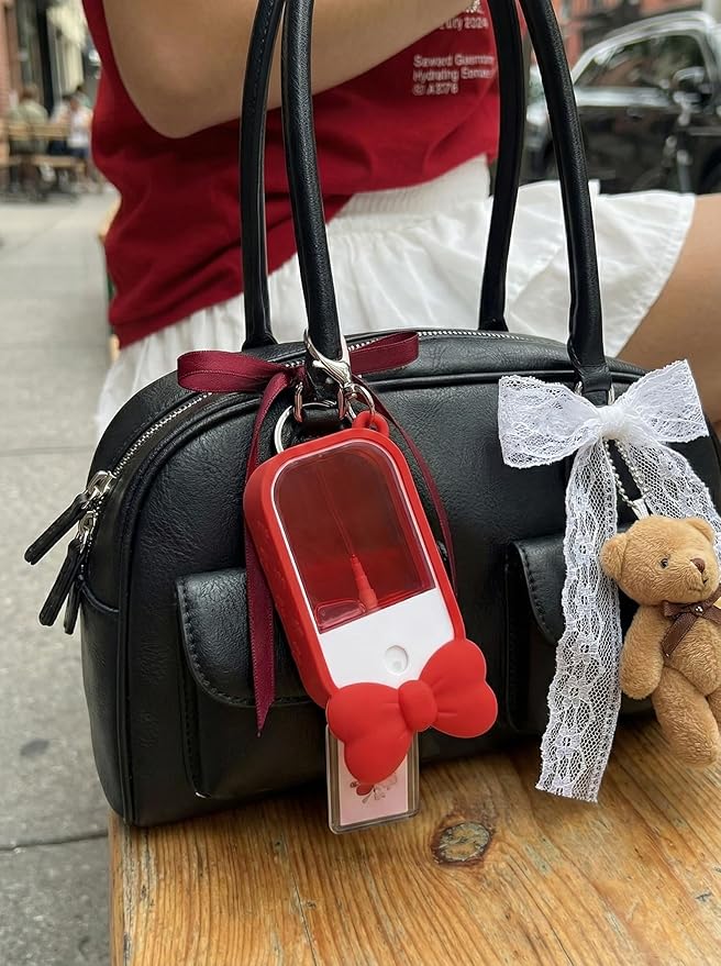 Silicone Bow Case Compatible with Touchland Hand Sanitizer Spray 1 oz (30 mL), Cute Holder with Keychain Clip, Gift for Girls