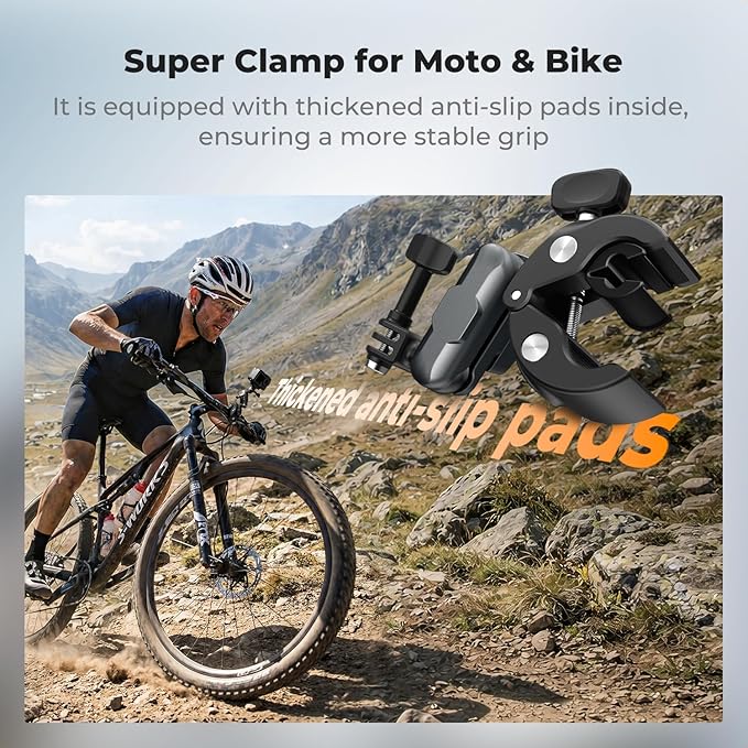 K&F CONCEPT Super Clamp Camera Mount with 360° Dual Ball Head, Bike/Motorcycle Handlebar Mount Compatible with DJI Action 6/5/4/3, Hero 13/12/11/10, 360 X5 X4