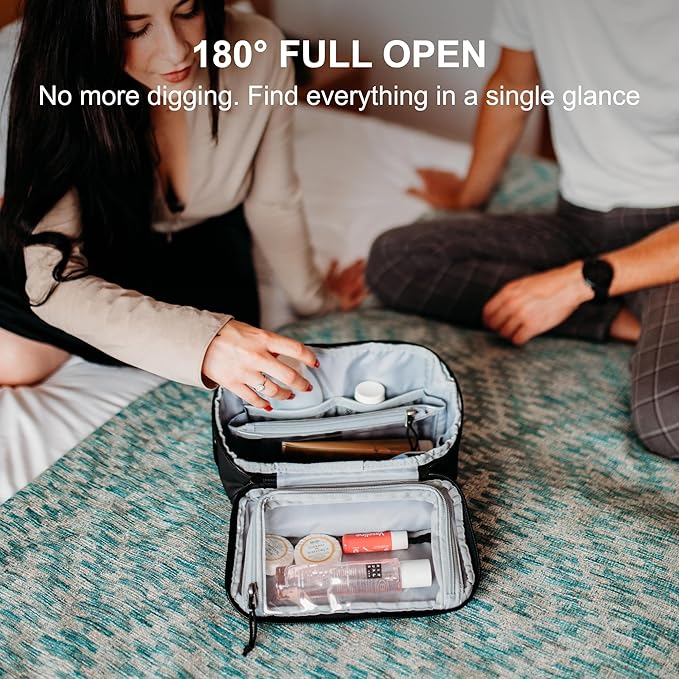 Everfun Compact Toiletry Bag for Men and Women Traveling, Wide Open Shaving Dopp Kit, Water Resistant Makeup Organizer Hygiene Bag with Wet Dry Compartment - Black, Small