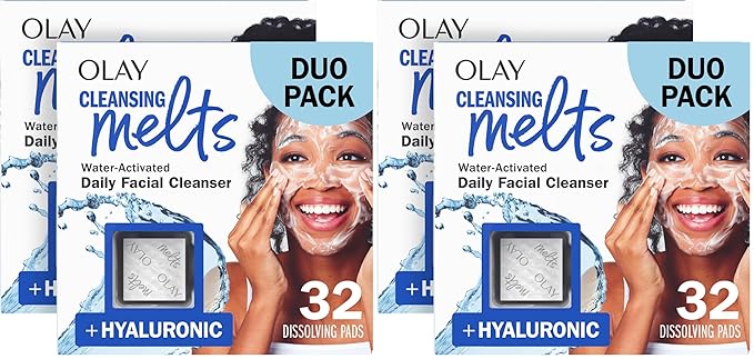 Olay Face Wash, Hyaluronic Acid Cleansing Melts, Fragrance-Free, Daily Use Gentle Cleanser, For All Skin Types, Travel Size, Water-Activated to Clean, Tone, and Refresh(32ct), (Pack of 4)