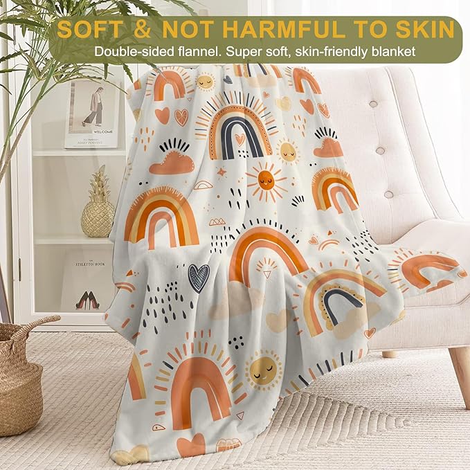 Rainbow Flannel Blanket - Cute Sunshine Colorful Boho Throw - Lightweight Soft Cozy Gifts Blankets for Kids Girls,Modern Home Room Bedroom Whimsical Bohemian Decor 40x50in