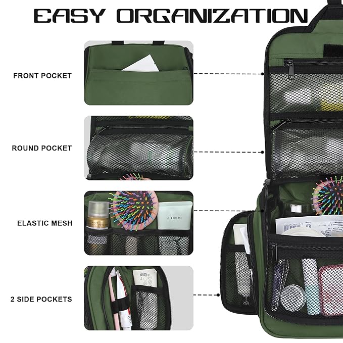 Goloni Hanging Toiletry Bag, 10 Compartments Water-Resistant Makeup Bag with 360° Spinning Metal Hook, Large Travel Cosmetic Organizer for Men & Women, Green (7.05oz)