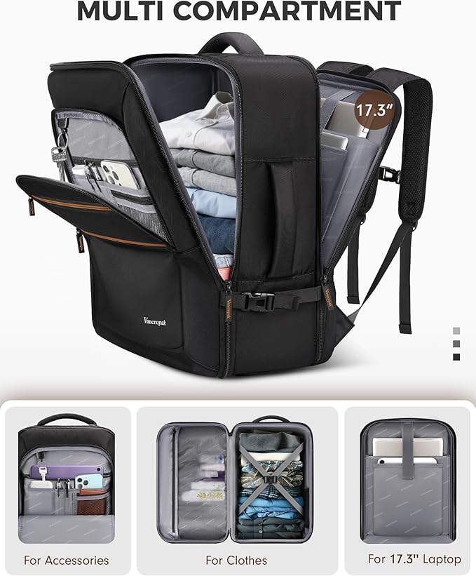 Vancropak Personal Item Travel Backpack for Men & Women, 17.3 inch Water Resistant Travel Laptop Backpack, Large TSA Airline Approved Under Seat Carry On Bag for Frontier Airlines
