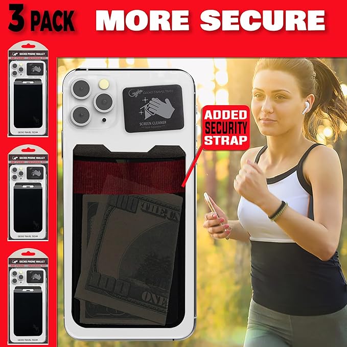 Phone Wallet - Adhesive Card Holder - Cell Phone Pouch - Stick on Lycra Pocket by Gecko - Carry Credit Cards and Cash