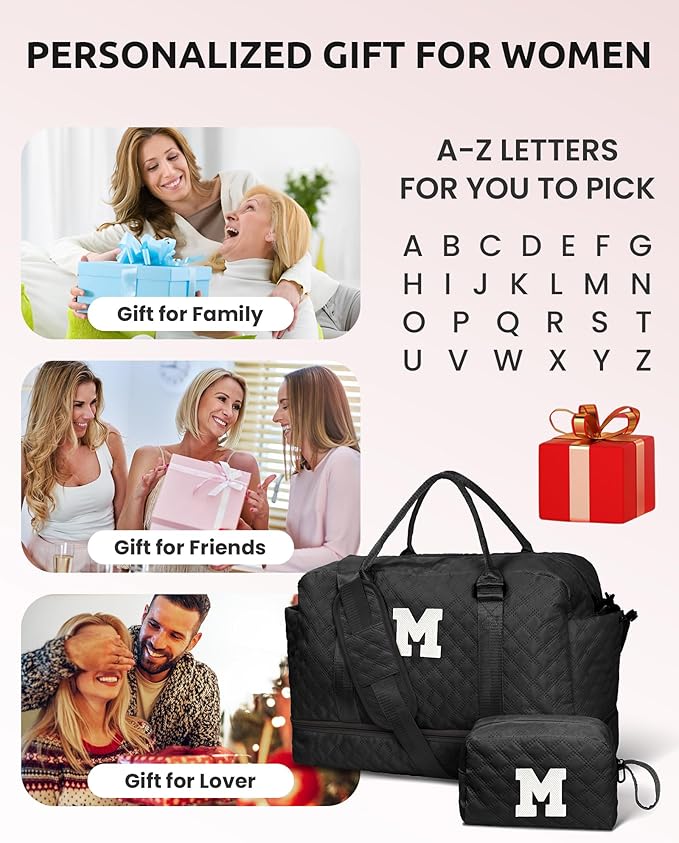 Easter Gifts for Teens-Duffle Bags, Personalized Weekender Bag with Shoulder Strap, Monogram Overnight Bags for Women Wet Pocket, Letter Travel Bag with Makeup Bag Gifts for Niece (Letter R)