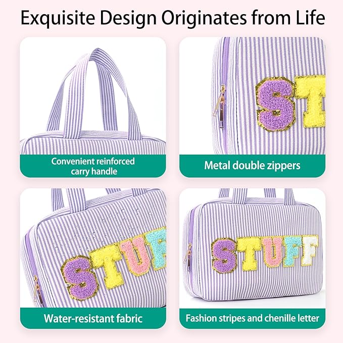 Hanging Toiletry Bag for Women Chenille Letter Travel Cosmetic Bag Fashion Stripes Water-resistant Makeup Bag for Store Toiletries Cosmetic Accessories Medium Purple