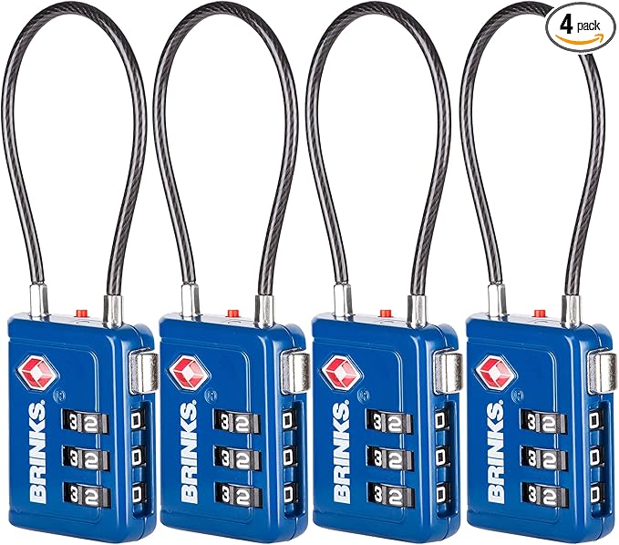 Brinks TSA Accepted Indicator Luggage Lock, Blue - Resettable 3-Dial Combination, 2.5 inch Long Cable Shackle, New More Secure TSA008 Key, 4 Pack