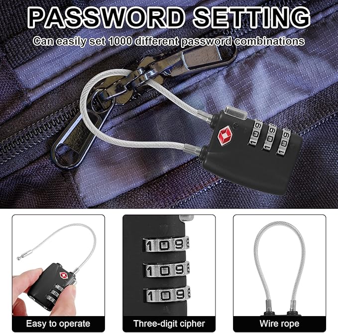 5 Pack TSA Locks for Luggage TSA Approved Luggage Locks 3 Digit Combination TSA Travel Locks Portable Cable Padlocks Zinc Alloy Body Suitcase Locks for Travel Bag Suitcase Backpack Lockers,Black