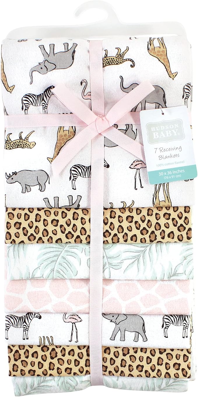 Hudson Baby Unisex Baby Cotton Flannel Receiving Blankets Bundle, Modern Pink Safari, One Size