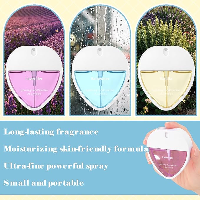 3 Pcs Power Mist Hydrating Hand Sanitizer Spray Bulk Travel Size Hand Sanitizer Pocket 1 Fl. oz Heart Shape Spray White Bottle for Daily Use Women Teacher Nurse Coworker Office Holiday Gifts
