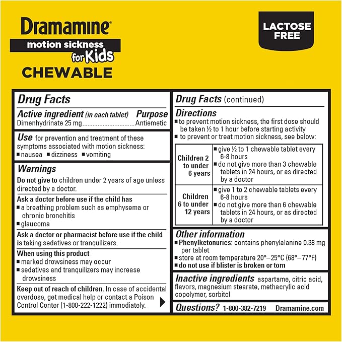 Dramamine Motion Sickness Chewable for Kids, Prevent & Relieve Motion Sickness, Dizziness & Nausea, Grape-Flavored Tablets, 8 Count