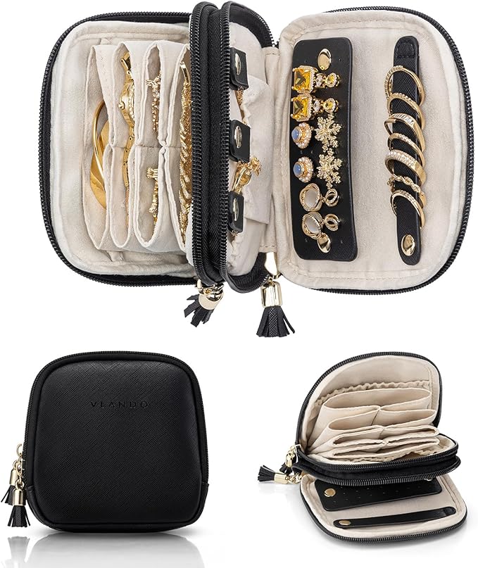VLANDO Travel Jewelry Case,2-Layer Jewelry Organizer for Travel,Mothers Day Mom Gifts,Multi-Compartment Jewelry Storage for Rings Earrings Necklaces Bracelets-Black