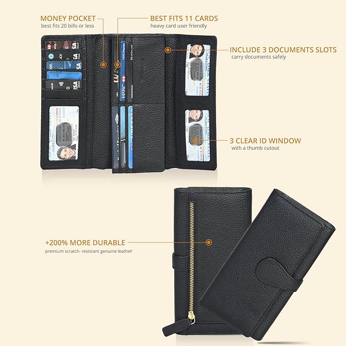 Real Leather Women Wallet Leather with RFID Blocking -Trifold Card Holder Designer Ladies Clutch with ID Window Wallets