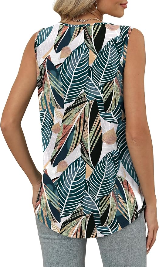 OFEEFAN Tank Top for Women Loose Fit Sleeveless Shirts V Neck Summer Clothes Ruched Women's Tees and Tanks Curved Hem