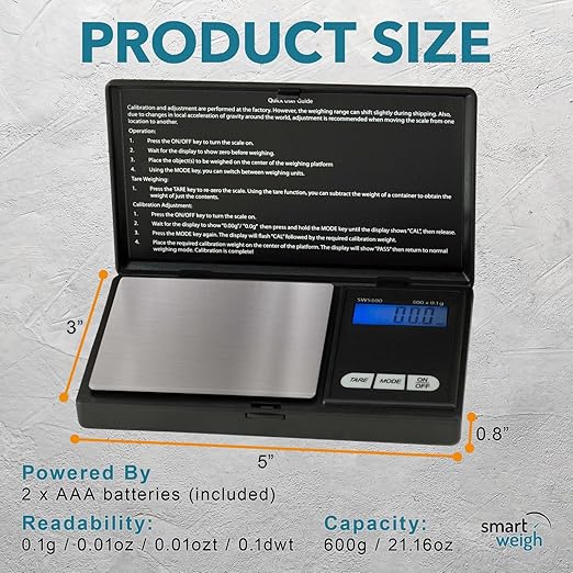 Smart Weigh SWS600 Elite 600g x 0.1g Digital Gram Scale, Pocket Sized Jewelry, Nutrition Kitchen, and School Scale, Slim Design, Black