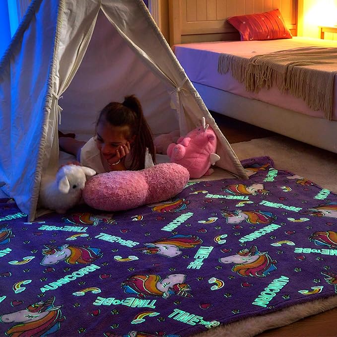 Wajade Unicorn Gifts for Girls - Glow in The Dark Unicorn Blanket Birthday Christmas Decor for Kids Age 3 4 5 6 7 8 9 10 11 12 Years Old Teens Child Toddler Throw Violet 60"x80"