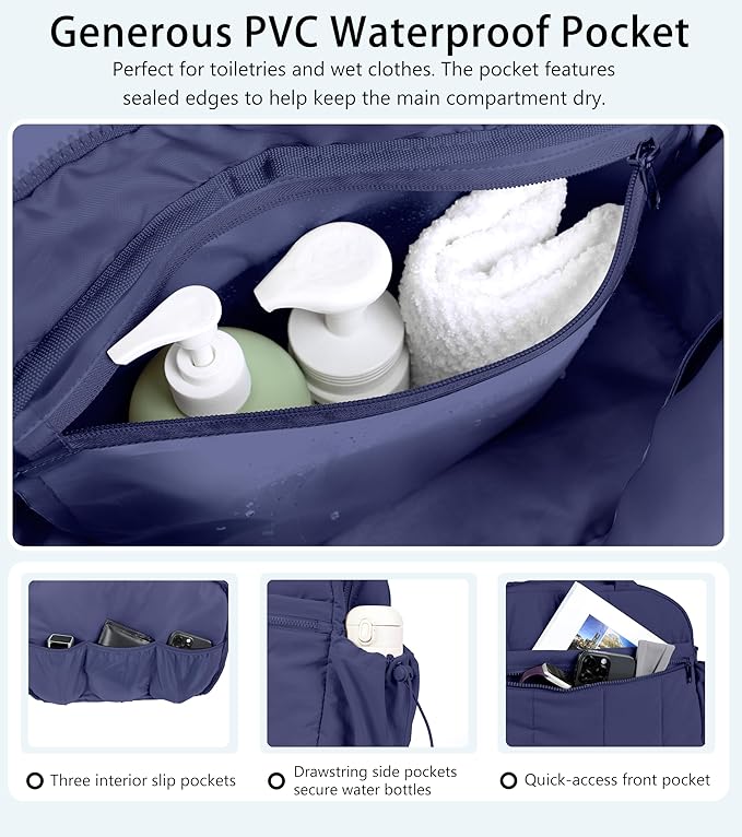 Lightweight Travel Duffle Bag for Women, Quilted Puffy Weekender with Wet Pocket for Gym, Overnight, Personal Item Carry On, Blue-Purple