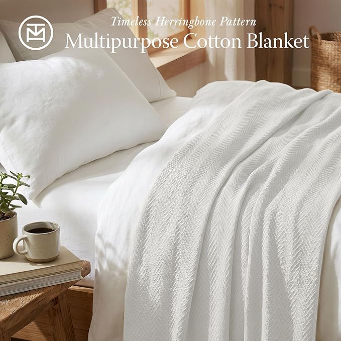Threadmill Luxury Cotton Blankets for Queen Size Bed | All-Season 100% Cotton Queen Size Blanket | Herringbone Cozy, Soft Breathable Fall Thermal Blanket fits Full Size Bed | Tusk White