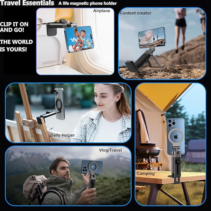 Airplane Travel Essentials Men Phone Holder,Plane Phone Mount for MagSafe,Foldable Magnetic Phone Stand for Desk 360° Swivel Universal in Airplane Gadgets Spring Break Essentials for iPhone 17