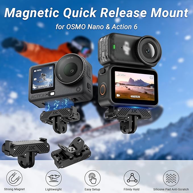 JJC Osmo Nano Magnetic Quick Release Adapter for DJI Osmo Action 6 Nano Accessories, Dual-Direction Magnet, Replace OEM Quick Release Mount, Folding Claws & 1/4"-20 Screw Hole,Heavy Duty Nylon Mount