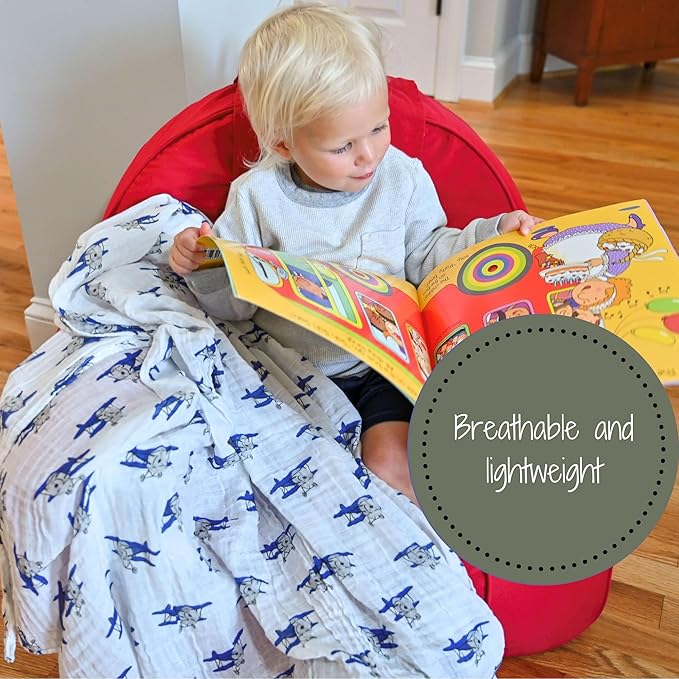 LollyBanks Muslin Swaddle Blanket, 100% Muslin Cotton Baby Blankets for Boys, 47 X 47 Inches Baby Boy Swaddles, Breathable and Lightweight Infant Blanket, Newborn Essential, Registry (Airplane Print)