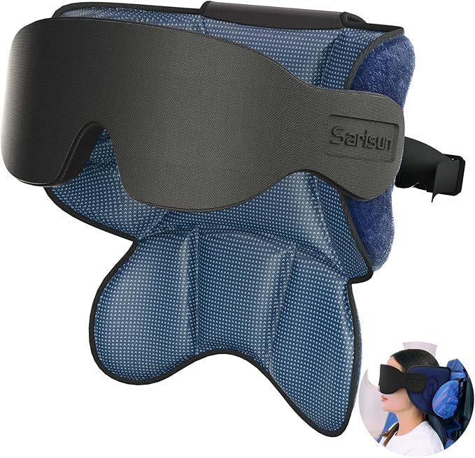 SARISUN Travel Pillows for Airplanes, Airplane Pillow with Sleep Eye Mask, 360° Support Headrest, Travel Essentials, Adjustable Airplane Head Strap for with/Out Headrest Seat, Mottled Blue