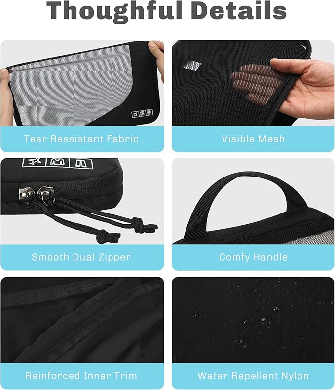 Hynes Eagle 6 Set/ 4 Set/ 2 Set Compression Packing Cubes Travel Essentials Lightweight Nylon Luggage Suitcase Organizer Bag Black 6PCS