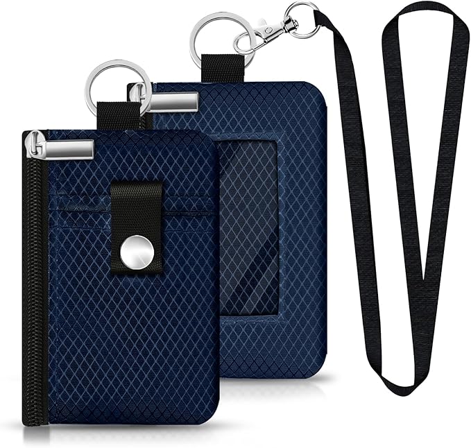 Minimalist RFID Blocking Small Wallet with ID Window,WaterResistant Zip Id Case Wallet with Lanyard Keychain for Cards,Cash,Travel,Women,Men (Dark blue)