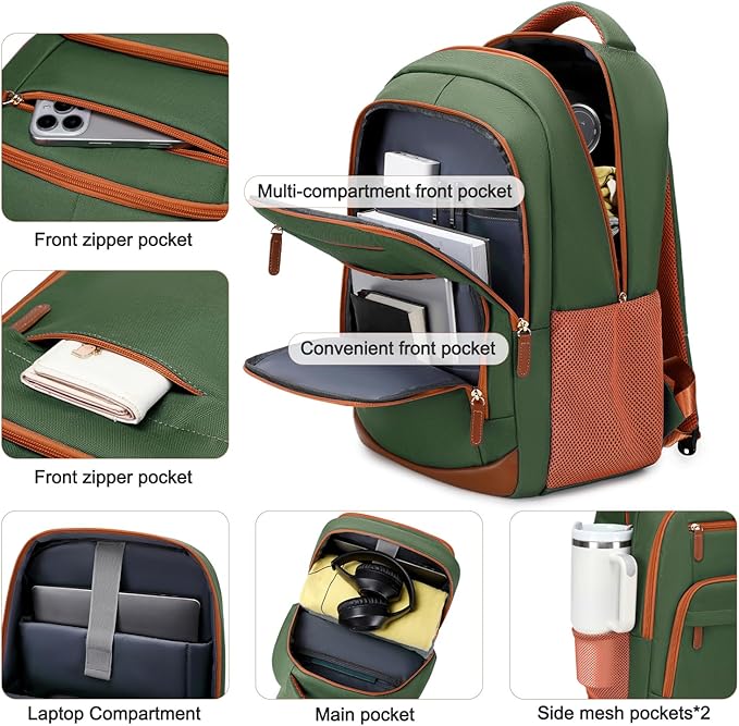 BOVIP Travel Backpack For Men Women,40L Carry On Backpack Flight Approved,TSA Personal Item Travel Bag Fits 17 Inch Laptop,Business Weekender Overnight Daypack Green