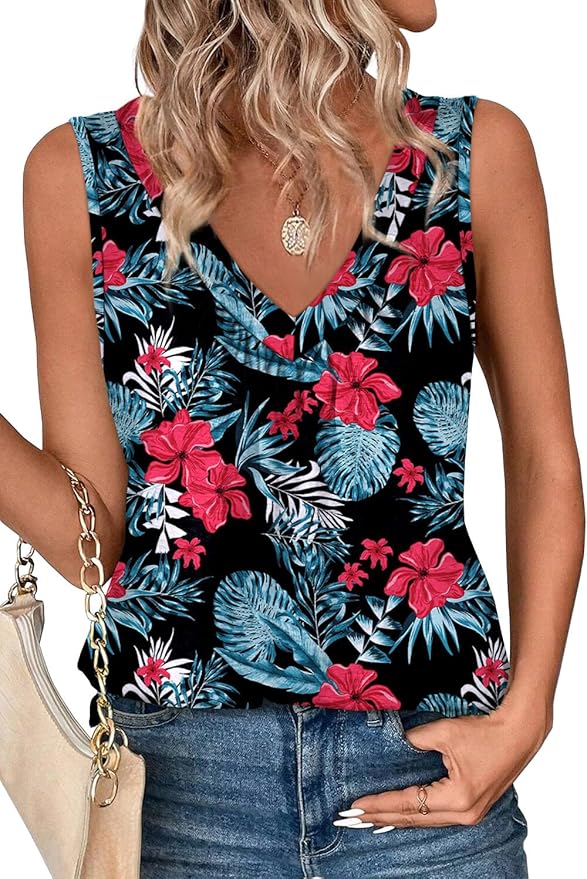 OFEEFAN Tank Top for Women Loose Fit Sleeveless Shirts V Neck Summer Clothes Ruched Women's Tees and Tanks Curved Hem