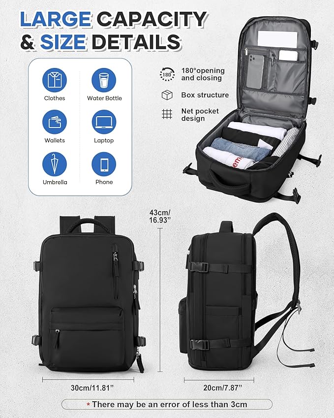 VECAVE Carry On Backpack for Women, Large Travel Backpack Flight Approved, Waterproof 14 Inch Laptop Backpack Business Work Backpacks Men Mochila De Viaje, Black