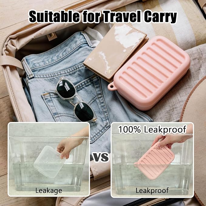 Silicone Leak-Proof Travel Soap Case, Portable Soap Container with Removable Draining Pad, Shatter-Proof Soap Holder for Travel, Gym, Camping, Bathroom(Peach Pink)