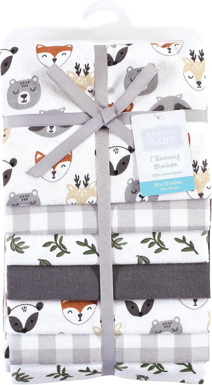 Hudson Baby Unisex Baby Cotton Flannel Receiving Blankets Bundle, Woodland Faces, One Size