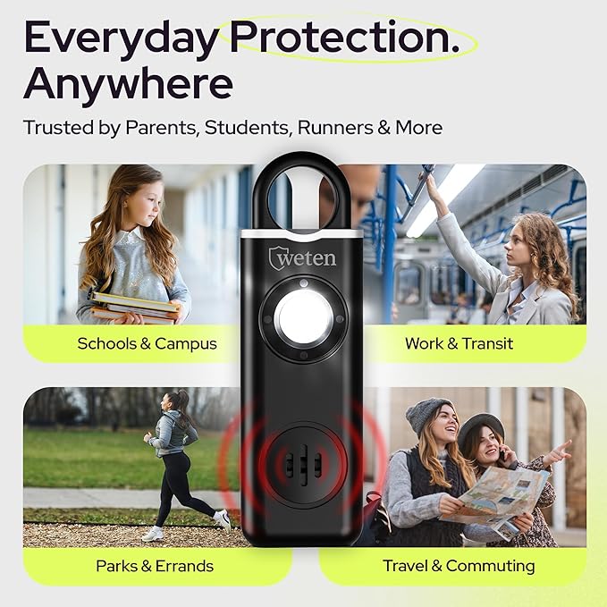 Personal Safety Alarm for Women Protection - 130dB Loud Panic Siren Rechargeable Keychain - LED Light, Carabiner Clip, Low Battery Alert, USB-C Charging Self Defense Alarm by Weten (Black)