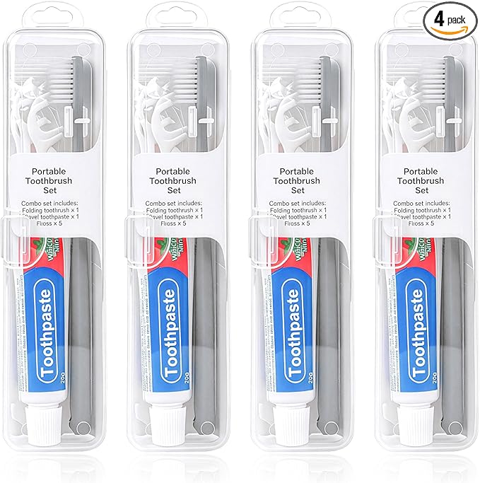 Travel Toothbrush Kit Includes Travel Toothbrushes, 25g Travel Toothpaste, 5 Floss Picks, Storage Case, Individually Packaged, Suitable for Home, Travel, and Hotel Use (4-Pack)