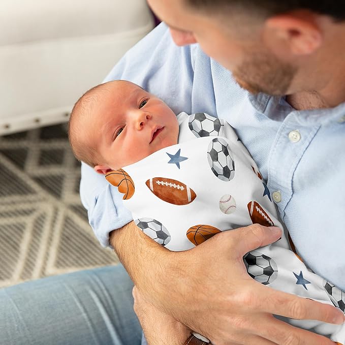 Sweet Jojo Designs Sports Theme Boy Baby Swaddle Blanket Infant Newborn Lightweight Jersey Stretchy Receiving Security Stroller Cover Watercolor Vintage Sport Themed Soccer Football Baseball Blue Star