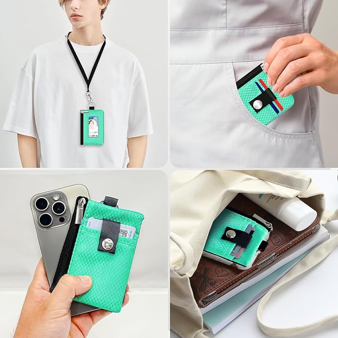 Minimalist RFID Blocking Small Wallet with ID Window,WaterResistant Zip Id Case Wallet with Lanyard Keychain for Cards,Cash,Travel,Women,Men (Mint Green)