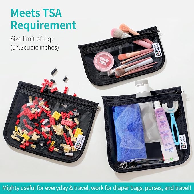 HIONXMGA TSA Approved Toiletry Bag, Set of 3 Clear Travel Toiletry Bag Quart Size Zipper Travel Pouch, Waterproof Makeup Cosmetic Bag for Women Men Kids Toiletries Carry on, Black