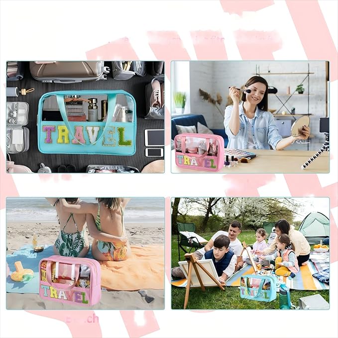 BuyCard Chenille Letter Patch Clear Travel Bags, Preppy PVC&Nylon Makeup Bag with Handle and Zipper, Waterproof Large Clear Travel Toiletry Bag Storage Bag for Women Girls