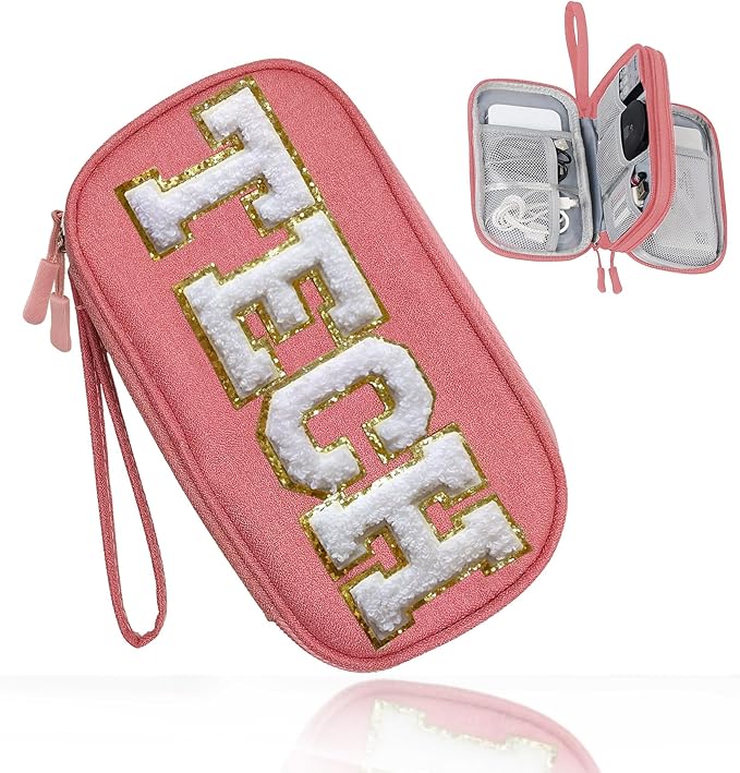COSHAYSOO Cord Charger Organizer Travel Case Traveling Trip Gifts for Women TECH Bag Chenille Letter Pouch, Electronics Accessories Summer Camp College Dorm Essentials Must Have for Teen Girls Pink